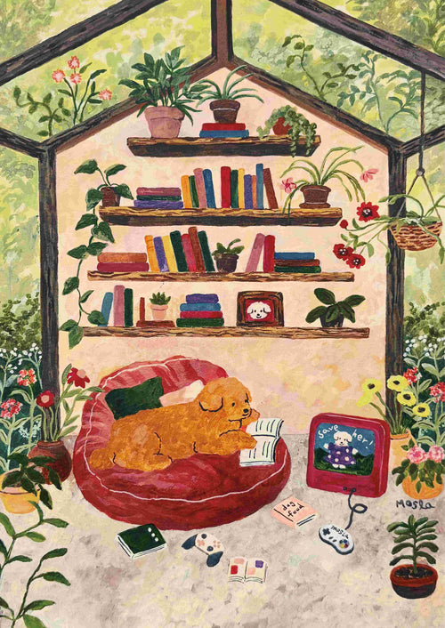 Add charm to your space with "The Book & Game Cave" art print by Mosla, from Blue Dog Posters. It features a cozy greenhouse, colorful books, plants, a dog on a red beanbag, a retro TV, game controllers, mug, and vibrant flowers.