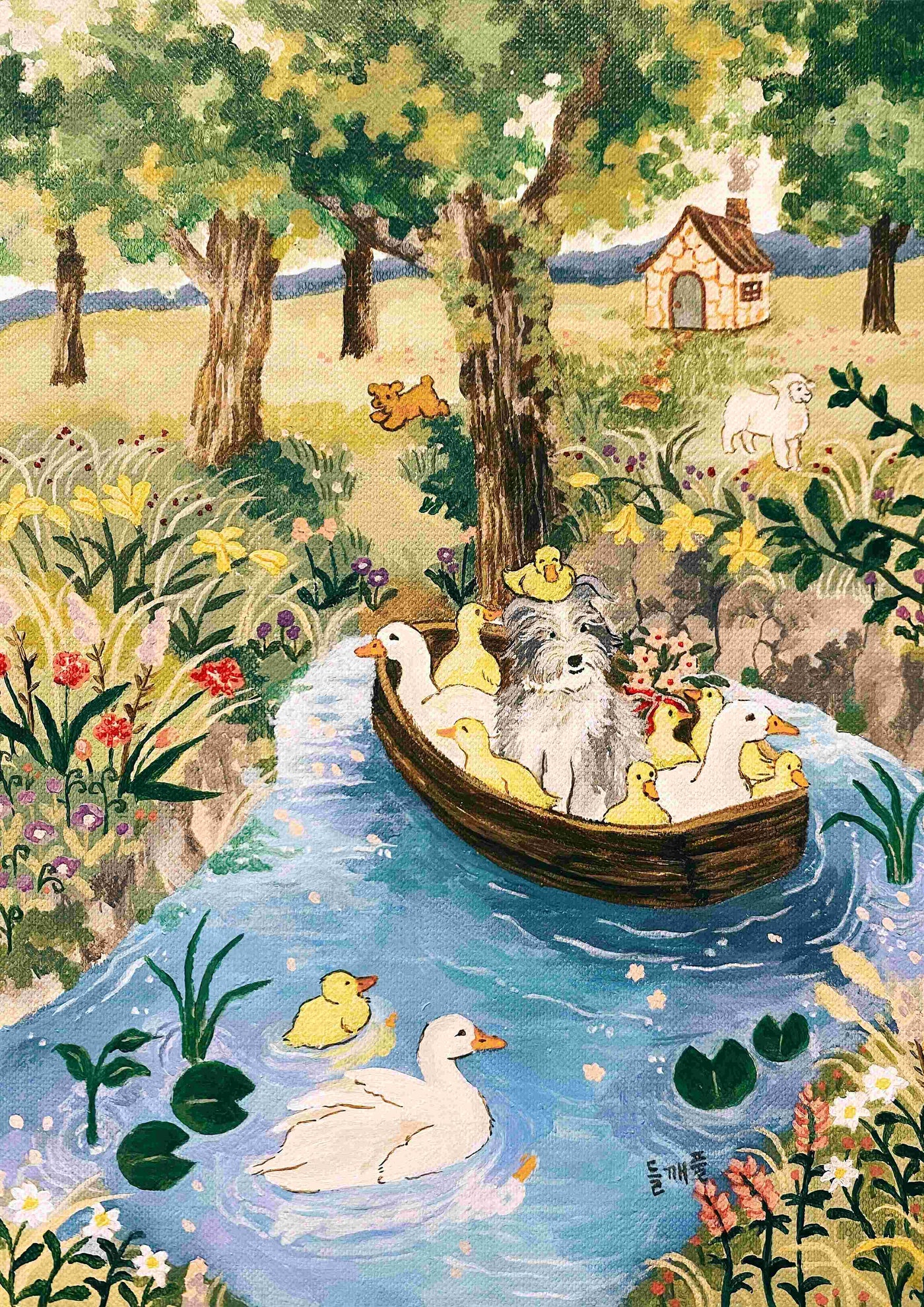 A Friend Visits Home by Mosla, from Blue Dog Posters, features a dog in a bonnet in a wooden boat with ducklings, amidst trees and flowers. Ducks swim nearby as a cat and sheep enjoy the sun. This enchanting scene is brought to life on high-quality satin paper.