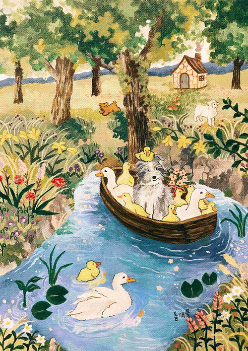 A Friend Visits Home by Mosla, from Blue Dog Posters, features a dog in a bonnet in a wooden boat with ducklings, amidst trees and flowers. Ducks swim nearby as a cat and sheep enjoy the sun. This enchanting scene is brought to life on high-quality satin paper.