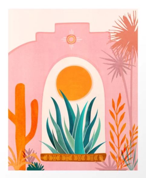 The Day Begins by Modern Tropical from GAL149 is an abstract art print illustrating a southwestern desert scene with a stylized archway framing a large sun. Vibrant cacti and agave plants create a plant landscape, enhanced by a pink and orange color palette.