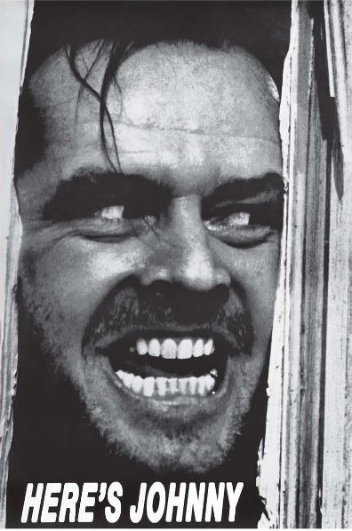 A crazed man peers through a broken door, baring teeth and wild eyes. The Shining - Heres Johnny by MTV features bold "HERE'S JOHNNY" text and pops on premium gloss paper—perfect for cult movie fans.