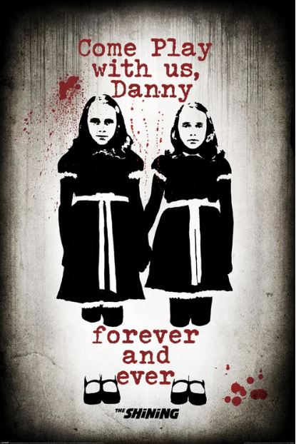 A poster for "The Shining (Come Play With Us)" by MTV 290 showcases two monochrome girls in dresses holding hands, set against a blood-splattered background. The text reads, "Come play with us, Danny forever and ever." At the bottom of the poster is the title "The Shining (Come Play With Us)" alongside two pairs of shoes.
