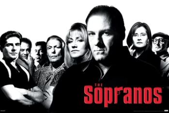 The MTV 362 The Sopranos premium gloss poster features a black-and-white group shot, with the show's bold red title at the bottom right—a must-have cult TV collectible for fans.