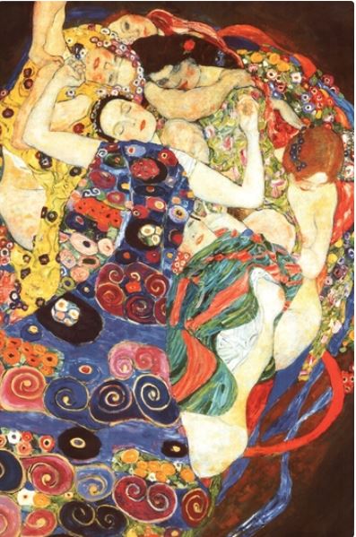 A vibrant painting titled "The Virgin" by Gustav Klimt, offered by ART 041, showcases women enveloped in colorful, patterned fabrics. This abstract composition is rich with swirling designs and incorporates bold reds, blues, and golds in an intimate, intertwined arrangement.