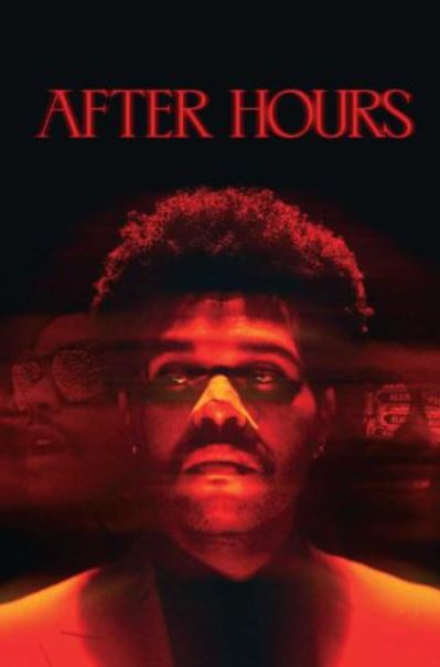 The album cover for "The Weeknd - After Hours" by the brand MUS 071 features a man with an afro and mustache in a red suit, bathed in dramatic red lighting. The title "AFTER HOURS" is prominently displayed at the top in bold, red letters. The background includes blurred images of the same man wearing sunglasses. Ideal for any R&B poster collection, this piece is printed on premium gloss paper.
