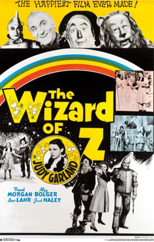 The Wizard of Oz - One Sheet by MTV 164, featuring Dorothy, Tin Man, Scarecrow, Cowardly Lion, and the Wizard from the Movies & TV Collection. Includes "The Happiest Film Ever Made!" text with cast names on vibrant premium 150gsm gloss paper.