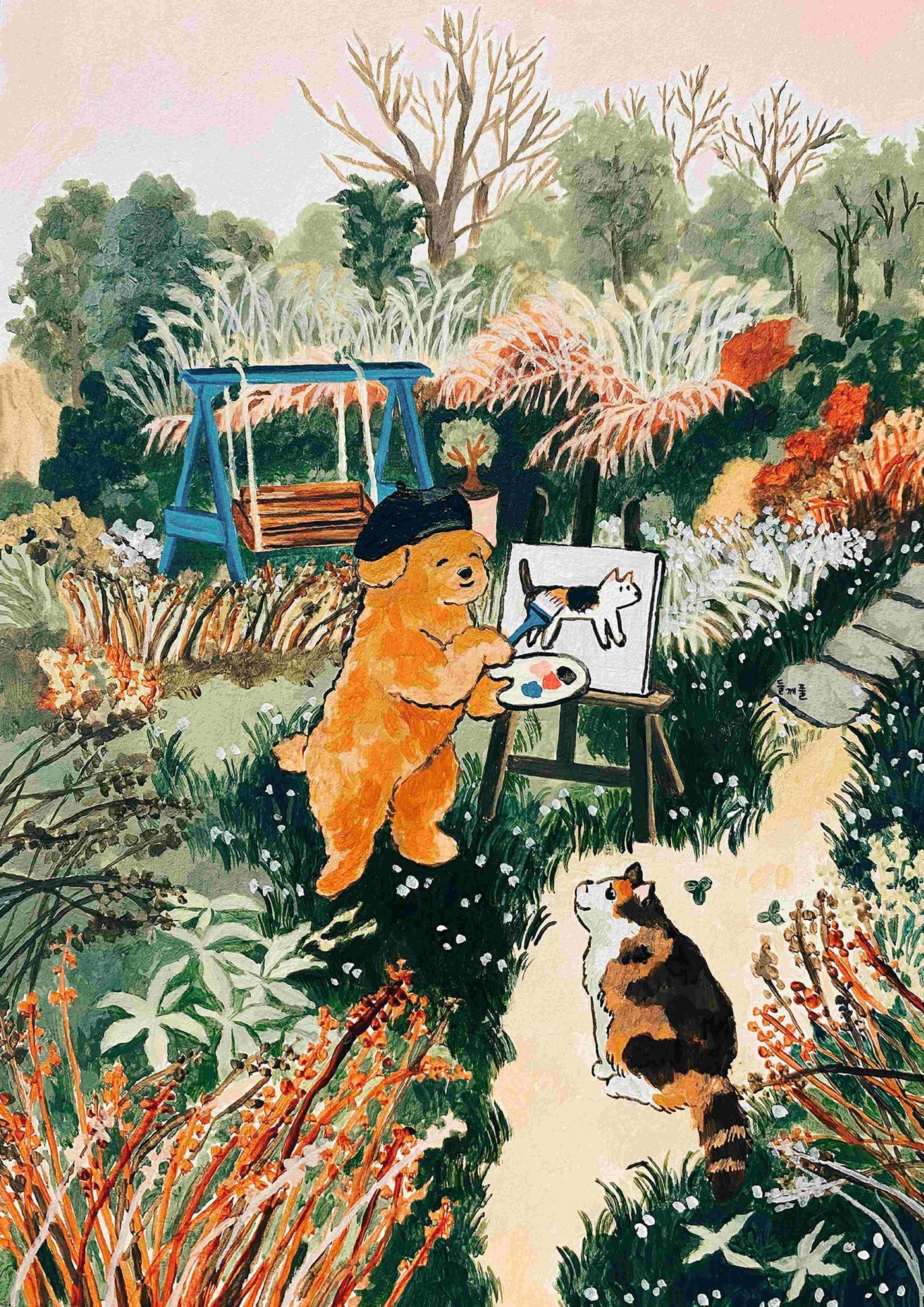 In a vibrant garden, a bear in a beret paints on high-quality Satin Paper from Blue Dog Posters' product "This is You" by Mosla, while a curious cat looks on. Surrounded by lush plants and flowers, their scene reveals the cat's likeness, with a swing adding charm to the background.