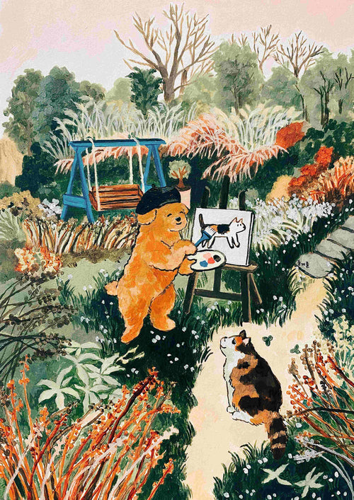 In a vibrant garden, a bear in a beret paints on high-quality Satin Paper from Blue Dog Posters' product "This is You" by Mosla, while a curious cat looks on. Surrounded by lush plants and flowers, their scene reveals the cat's likeness, with a swing adding charm to the background.