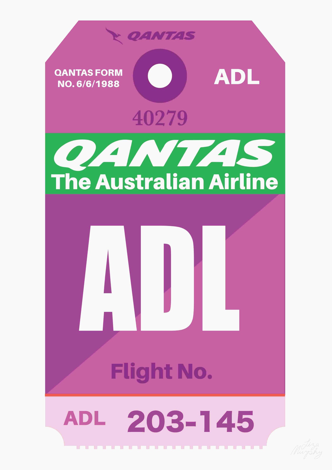 The Qantas Luggage Tag ADL by Liza Murphy A3, a vintage-style tag branded by fap, features the code "ADL" for Adelaide. Part of the Featured Artists Collection, this art print showcases green, purple, and white colors and includes the text "QANTAS The Australian Airline" as well as "QANTAS FORM NO. 6/6/1988," along with flight number details "203-145.