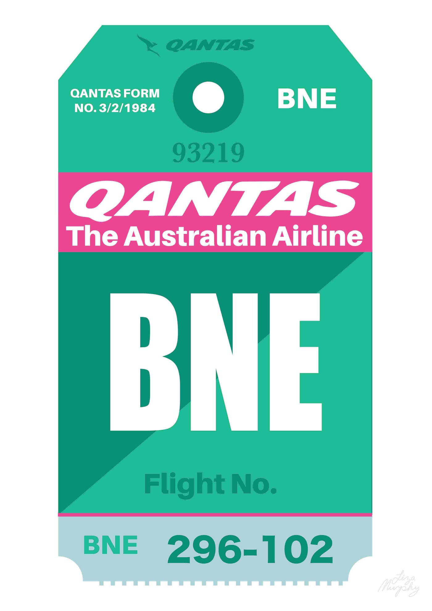 Introducing the Qantas Luggage Tag BNE by Liza Murphy A3, a stunning piece from fap's Featured Artists Collection. This tag, designed for Qantas—Australia's flagship airline—is crafted from high-quality 250gsm Satin paper and showcases a vibrant teal and pink design. The airport code "BNE" (Brisbane) is prominently displayed, with "QANTAS" and "The Australian Airline" elegantly positioned above it. Additionally, there is designated space for your flight number "296-102" and the form number "3/".