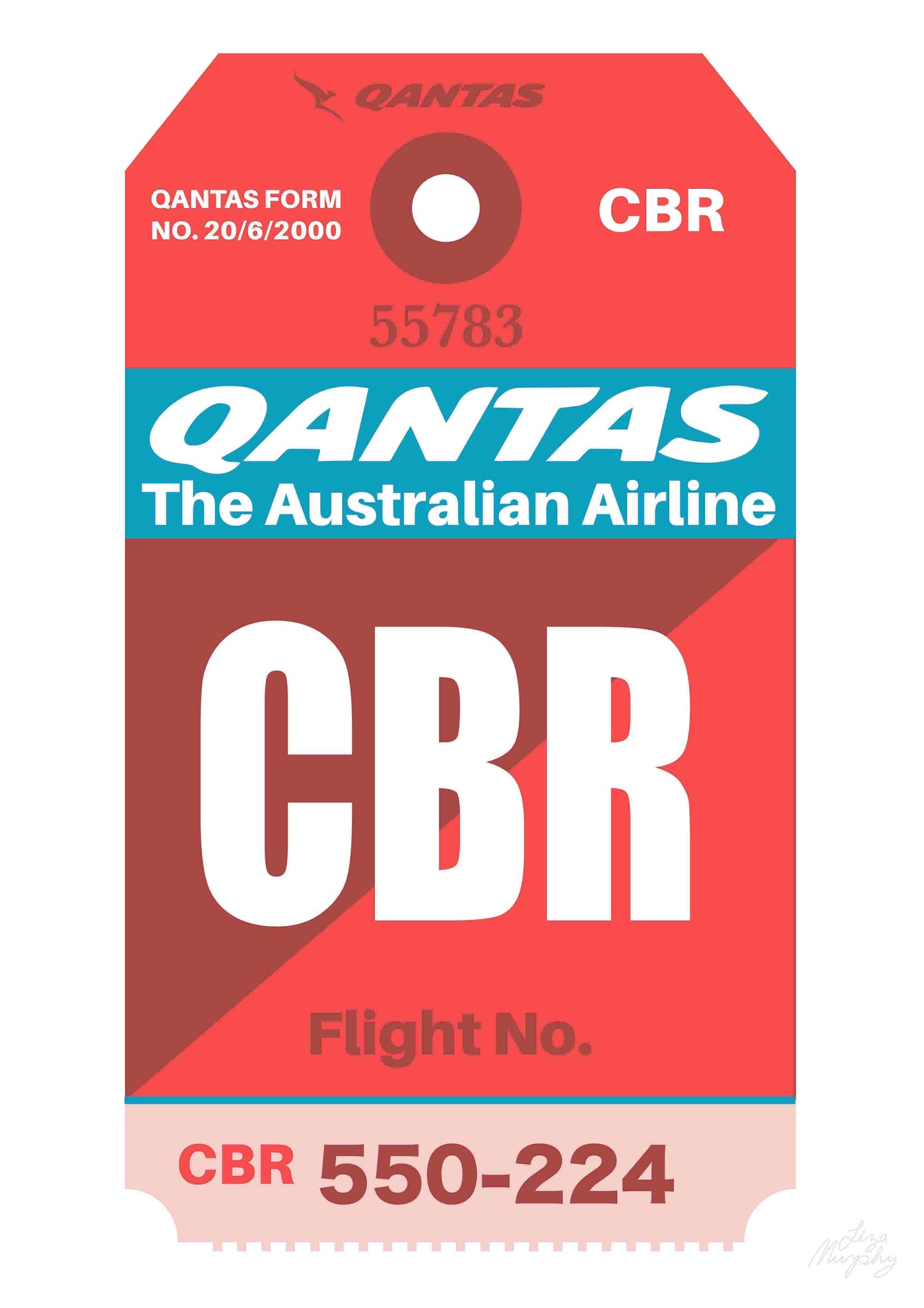 The Qantas Luggage Tag CBR by Liza Murphy A3, a product from fap, showcases a red Qantas baggage tag with large white text reading "CBR." It prominently features "QANTAS The Australian Airline," "Flight No. 55783," and sample number "550-224." This art print by a Sydney artist includes details such as "Qantas Form No. 20/6/2000" and the Qantas logo, all printed on high-quality paper.
