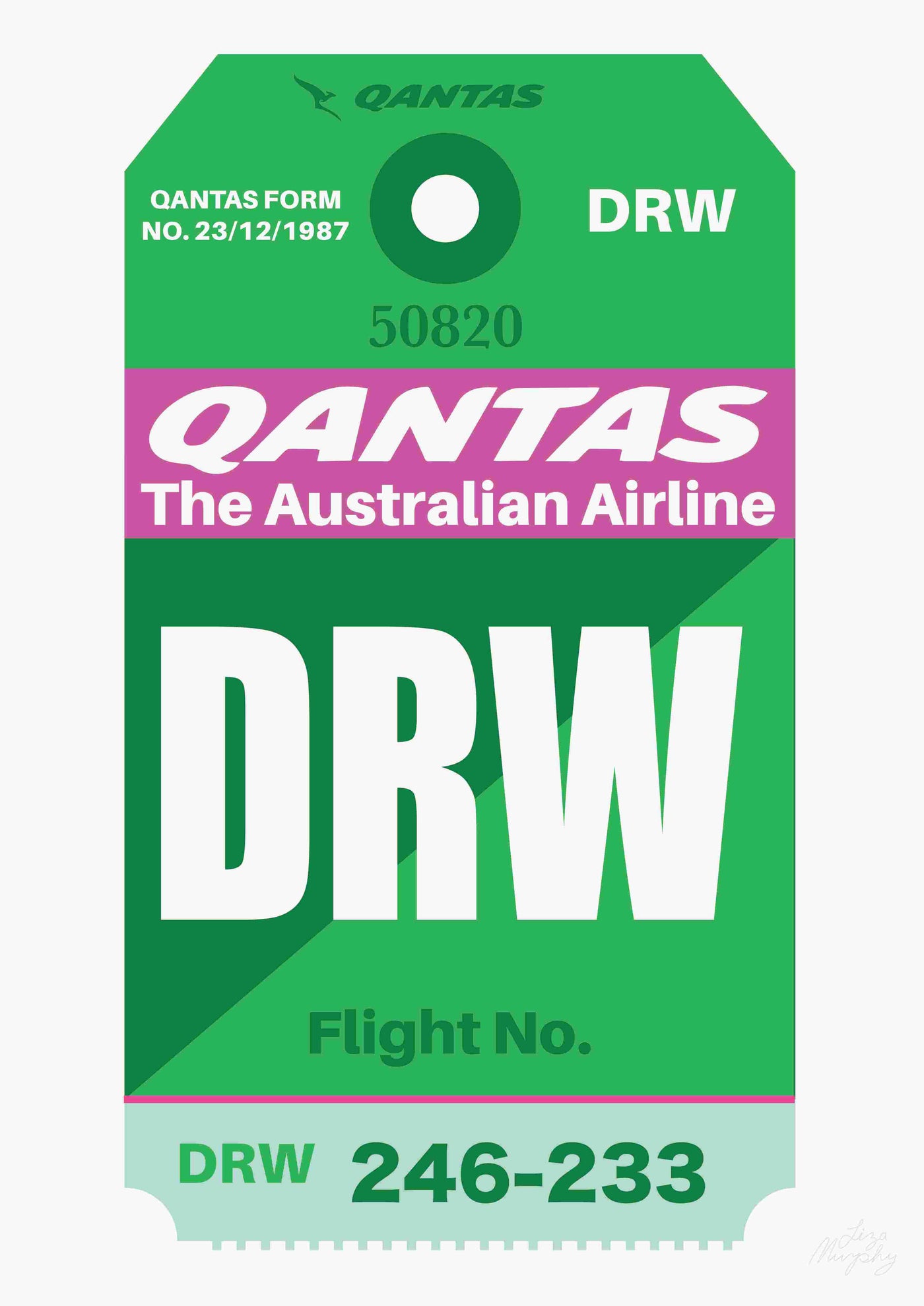 The Qantas Luggage Tag DRW by Liza Murphy A3, brought to you by fap, is a green and pink tag featuring "Qantas, The Australian Airline" text. It prominently displays the destination airport code "DRW," along with details such as "50820," "Qantas Form No. 23/12/1987," and flight number "246-233." Part of the Featured Artists Collection, this piece resembles an art print on high-quality material.