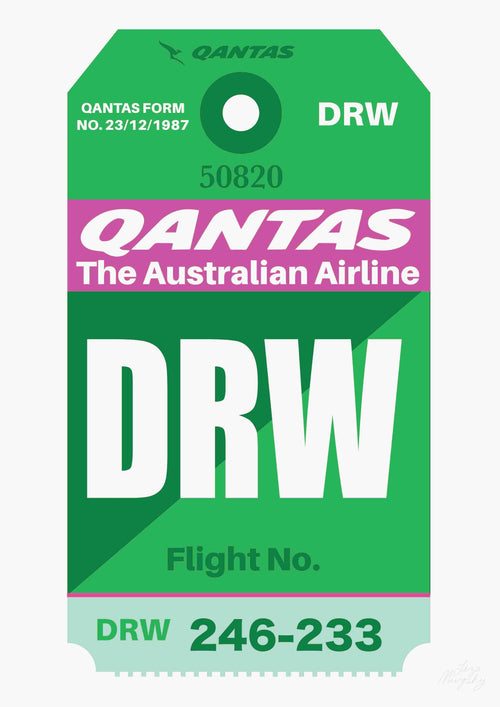 Introducing the Qantas Luggage Tag DRW by Liza Murphy A5 from fap – this vibrant green and pink tag showcases the Qantas logo and the phrase "Qantas The Australian Airline." It prominently features "DRW" in large white letters, along with "Qantas Form No. 23/12/1987" at the top and "Flight No. 246-233" at the bottom. Perfect for fans who appreciate mini prints from the Little Art series.