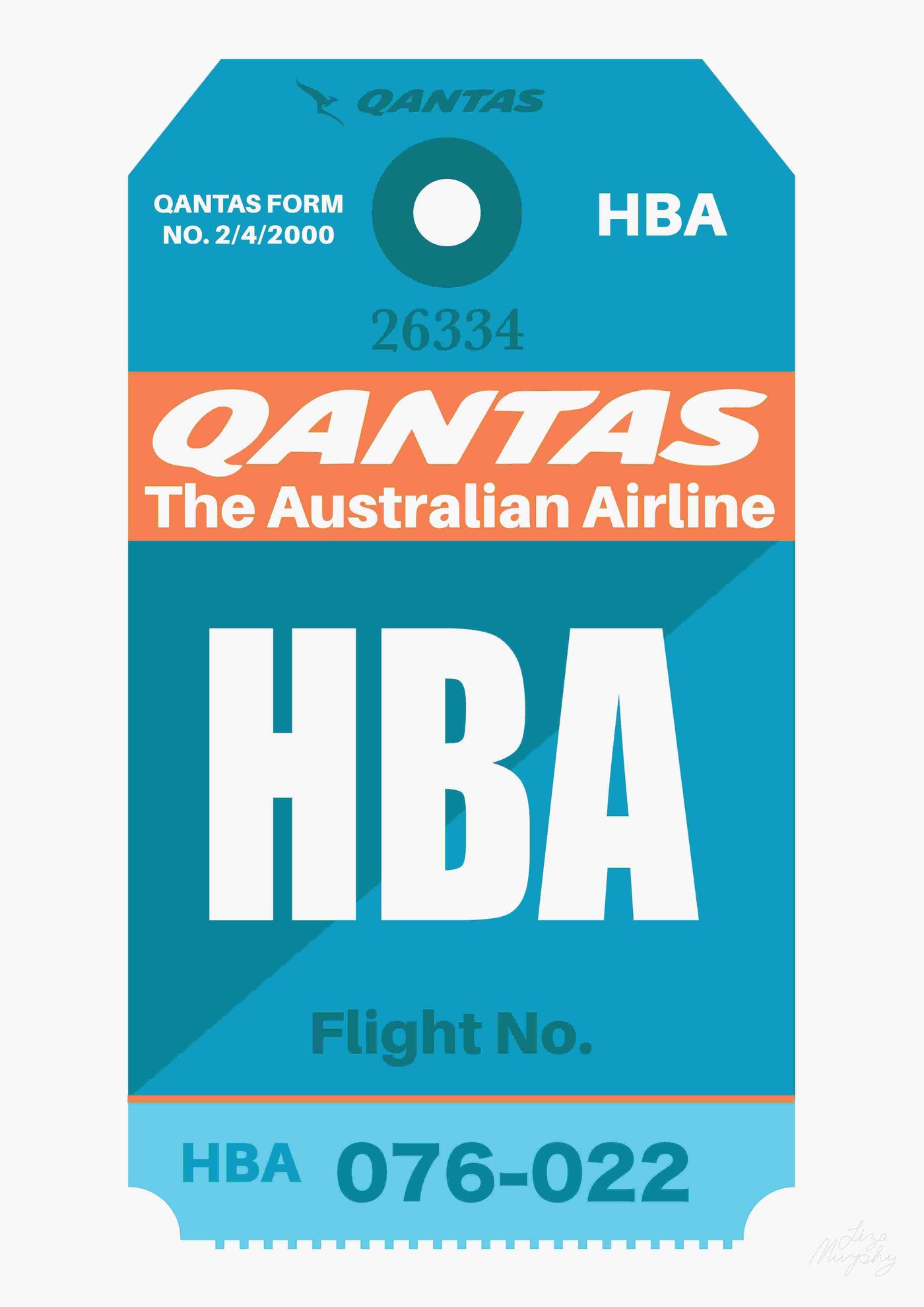 A Qantas Luggage Tag HBA by Liza Murphy A3 from the fap brand's Featured Artists Collection, displaying "QANTAS The Australian Airline" and "HBA" prominently at the center. The top section features "QANTAS FORM NO. 2/4/2000" and "HBA," while the bottom section includes "Flight No." and "076-022." The tag boasts vibrant teal and orange art.