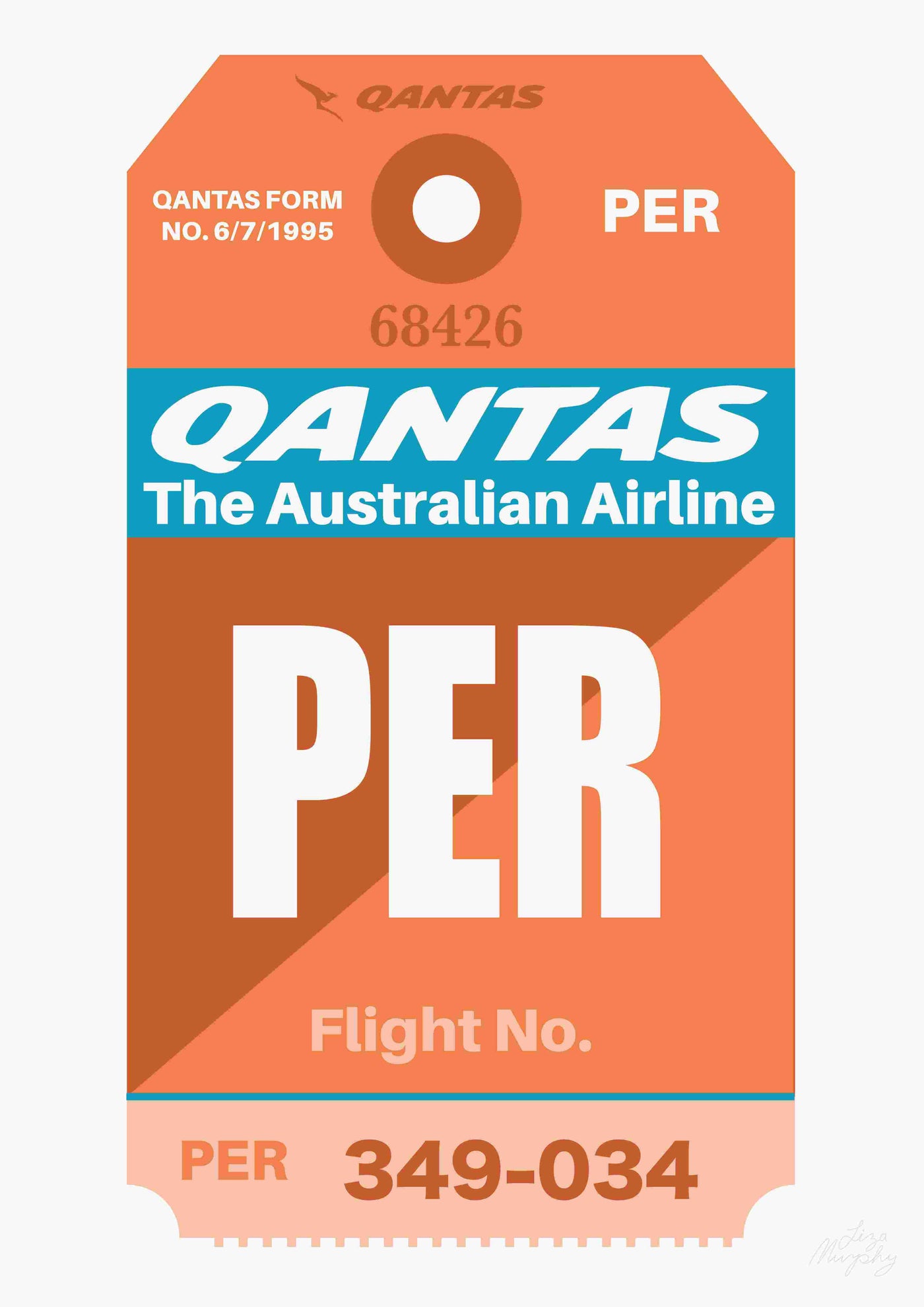 Introducing the Qantas Luggage Tag PER by Liza Murphy A3, brought to you by fap. This vibrant orange and blue tag is meticulously crafted from high-quality paper. Featuring the iconic Qantas logo and proudly displaying "The Australian Airline," it is labeled with "PER" for Perth. The design includes a space to input your flight number, along with the identifier "349-034" displayed at the bottom.