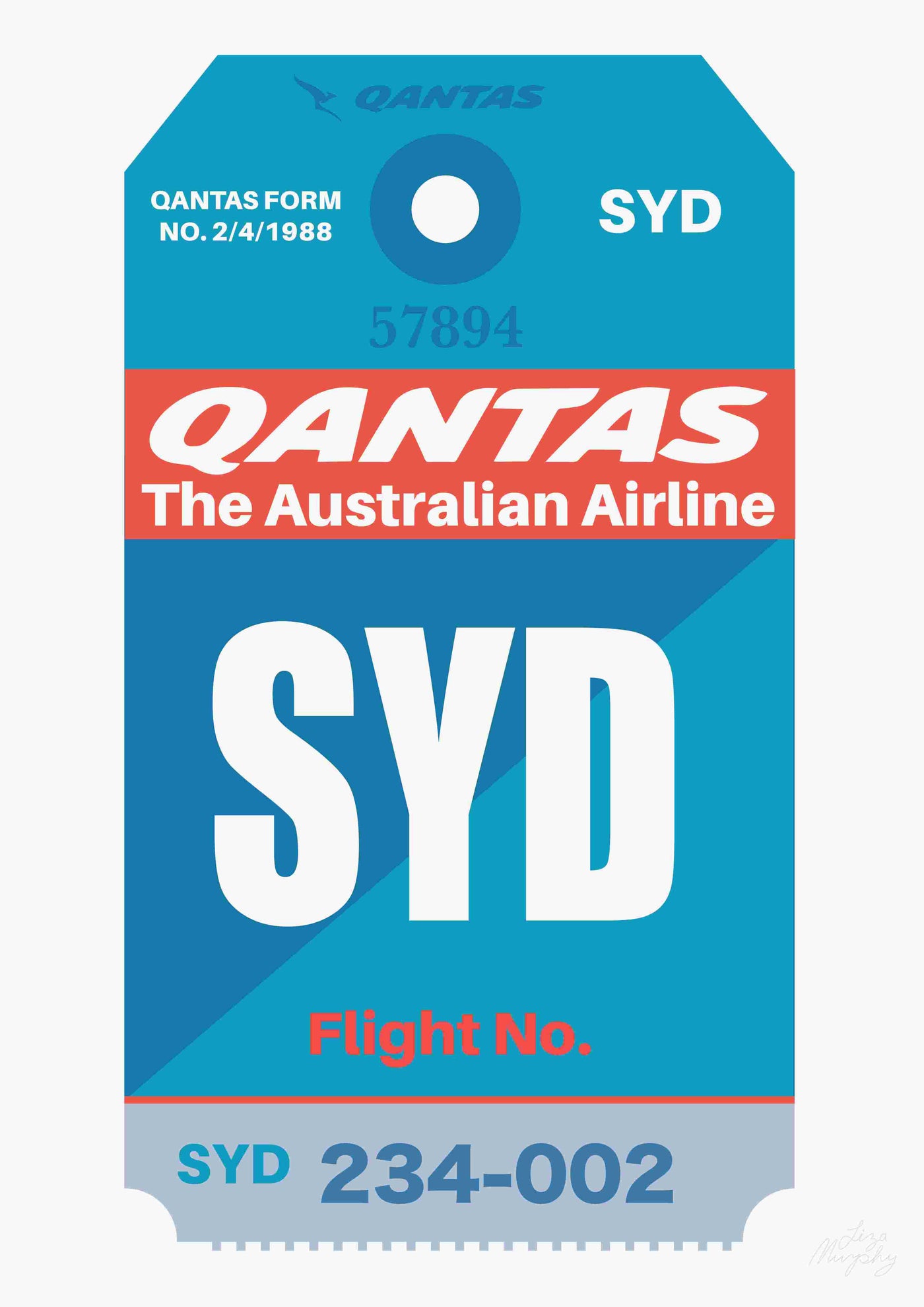 The Qantas Luggage Tag SYD by Liza Murphy A5 from the brand fap features a stylish blue and red design with white text, created as part of the Little Art series. The tag includes the iconic Qantas logo, "The Australian Airline" text, and prominently displays the airport code "SYD". It also has placeholders for flight numbers and is marked with Qantas form number 2/4/1988.