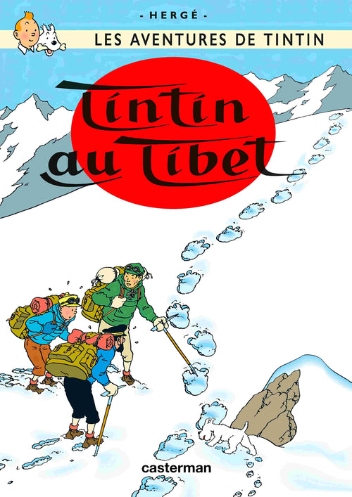 The Aventures de Tintin au Tibet poster by Blue Dog Posters features Tintin, Snowy, and Captain Haddock hiking in snowy mountains with mysterious footprints. This A3 print is on premium 250gsm satin paper.