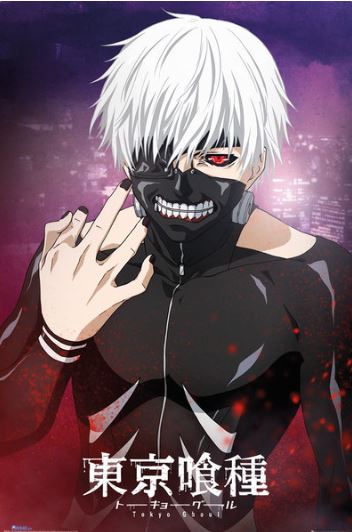 A character from the "Tokyo Ghoul Kaneki" by MTV 026 displays a wide grin with sharp teeth beneath white hair and a black outfit. One eye is black with a red iris, and they hold a mask to their face with one hand. The dark cityscape backdrop features kanji and the title "Tokyo Ghoul" at the bottom.