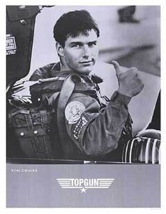 A man in a flight suit gives a thumbs-up in a fighter jet. This IMP 077 Top Gun poster, printed in black and white on premium 150gsm gloss paper, features the iconic movie title and star logo for vivid detail.
