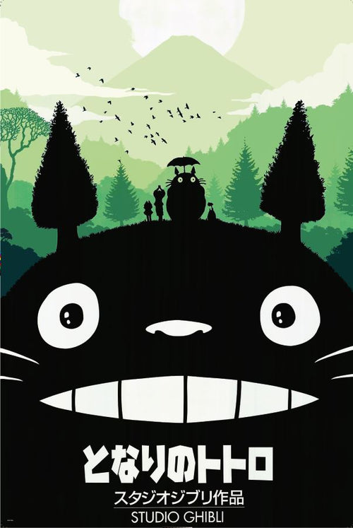 A stylized poster from MTV 074 for "Studio Ghibli - Totoro" features the outline of Totoro's face with large white eyes and a wide grin in the foreground. Silhouettes of trees, a bus stop with two children, and Totoro holding an umbrella are set against a forest backdrop. Printed on premium gloss paper, it includes Japanese text and "Studio Ghibli" at the bottom.
