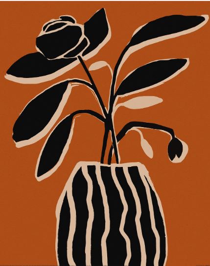Part of the Decor Series, "Treechild (Ochre Still Life No 5)" by GAL245 is a striking art print featuring a stylized flower with dark leaves in a striped vase against an orange background. Its bold lines and high contrast are printed on matte art paper.