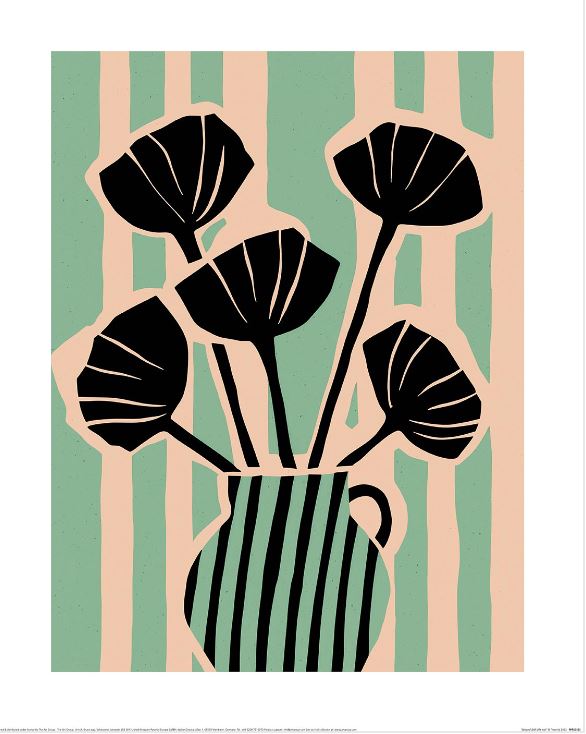 Treechild (Striped Still Life No1) from GAL214's Decor Series Collection features abstract art with a striped vase and black flowers. The bold design, set against green and beige stripes, is printed on 200gsm matte art paper for a refined finish.