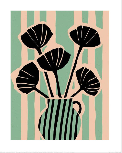Treechild (Striped Still Life No1) from GAL214's Decor Series Collection features abstract art with a striped vase and black flowers. The bold design, set against green and beige stripes, is printed on 200gsm matte art paper for a refined finish.