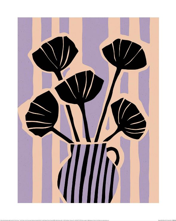 The GAL209's "Treechild (Striped Still Life No2)" features a Floral Art Print with stylized black flowers, striped petals, and a striped vase against a purple and beige vertical striped background on matte art paper.