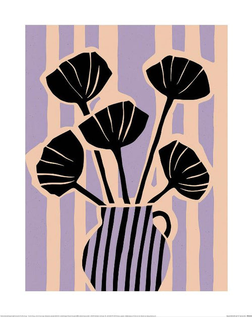 The GAL209's "Treechild (Striped Still Life No2)" features a Floral Art Print with stylized black flowers, striped petals, and a striped vase against a purple and beige vertical striped background on matte art paper.