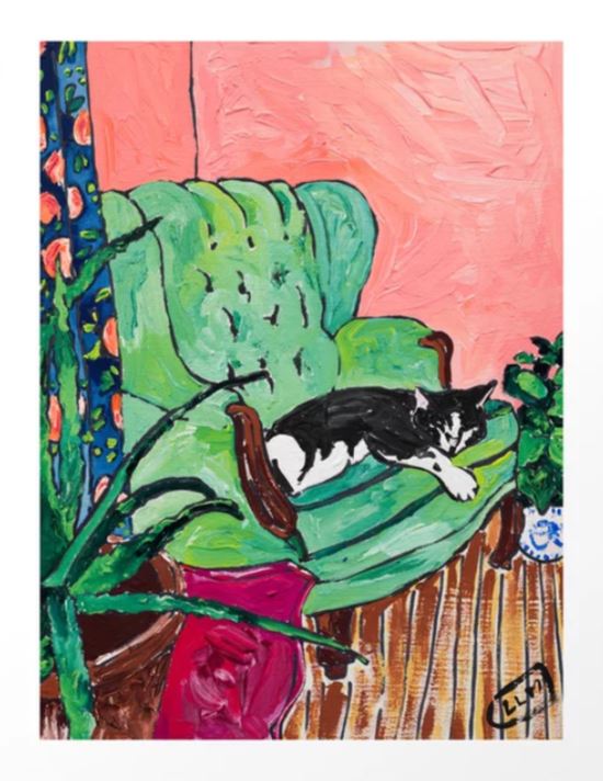 The "Napping Tuxedo Cat in Chair" by Lara Lee Meintjes, part of the GAL87 Gallery Series, portrays a black and white cat on a green armchair with pink walls, a blue patterned curtain, and a small plant on the wooden floor, featuring a red blanket draped over the chair's arm.
