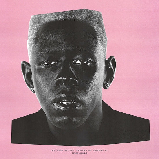 A 30x30cm black-and-white portrait of a person with a stern expression, set against a pink background, features the text: "All songs written, produced and arranged by Tyler Okonma," under the brand name MUS. This artwork is from the "Tyler The Creator Igor" collection.