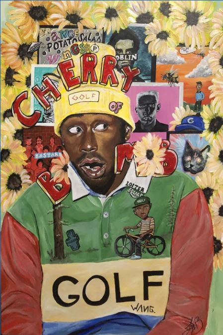 The MUS 360 "Tyler the Creator - Cherry Bomb" Rap Poster features a man in a yellow GOLF hat and vibrant shirt, surrounded by sunflowers and album covers, with "CHERRY BOMB" above—perfect for music lovers and pop culture fans.