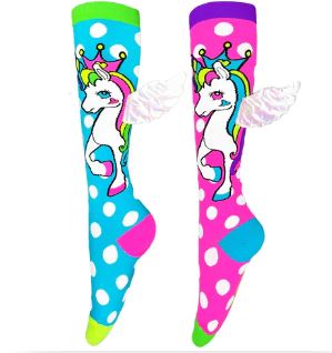 Experience the whimsical charm of Madmia Flying Unicorn Socks by Blue Dog Posters. This set includes two vibrant knee-high socks—one in blue and the other in pink—each adorned with large white polka dots. Both socks boast an enchanting unicorn print complete with a rainbow mane, crown, and 3D white wings. The blue sock features a green cuff, heel, and toe, while the pink sock has a purple cuff, teal heel, and green toe. Ideal for mix-and-match fun!