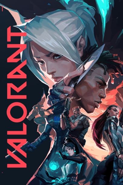 The GAM 027 "Valorant" features stylized artwork of four characters in dynamic poses, wielding weapons and dressed in futuristic attire. The logo is vertically placed on the left in bold, modern typography.
