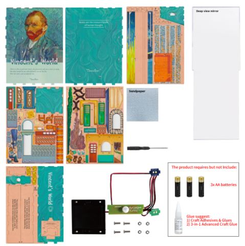 Flat lay of the Blue Dog Posters Vincent's World Book Nook Tonecheer kit, inspired by van Gogh, with illustrated cardboard pieces, sandpaper, screwdriver, screws, electronic parts, battery box, and note that batteries and glue are not included.