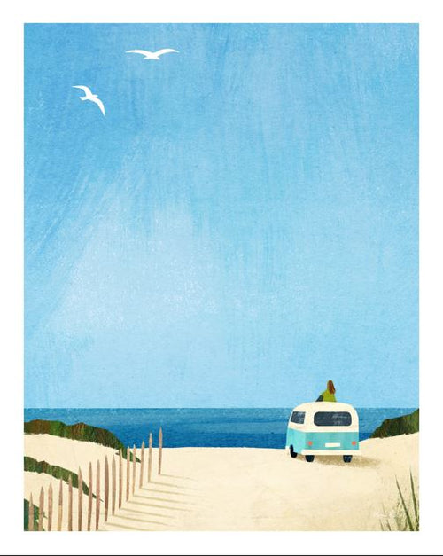 Van Life II by Henry Rivers (GAL210A) features a blue and white van with a surfboard on top, parked on a sandy path to the ocean, set against blue sky, grassy dunes, two seagulls, and a wooden fence on the left.