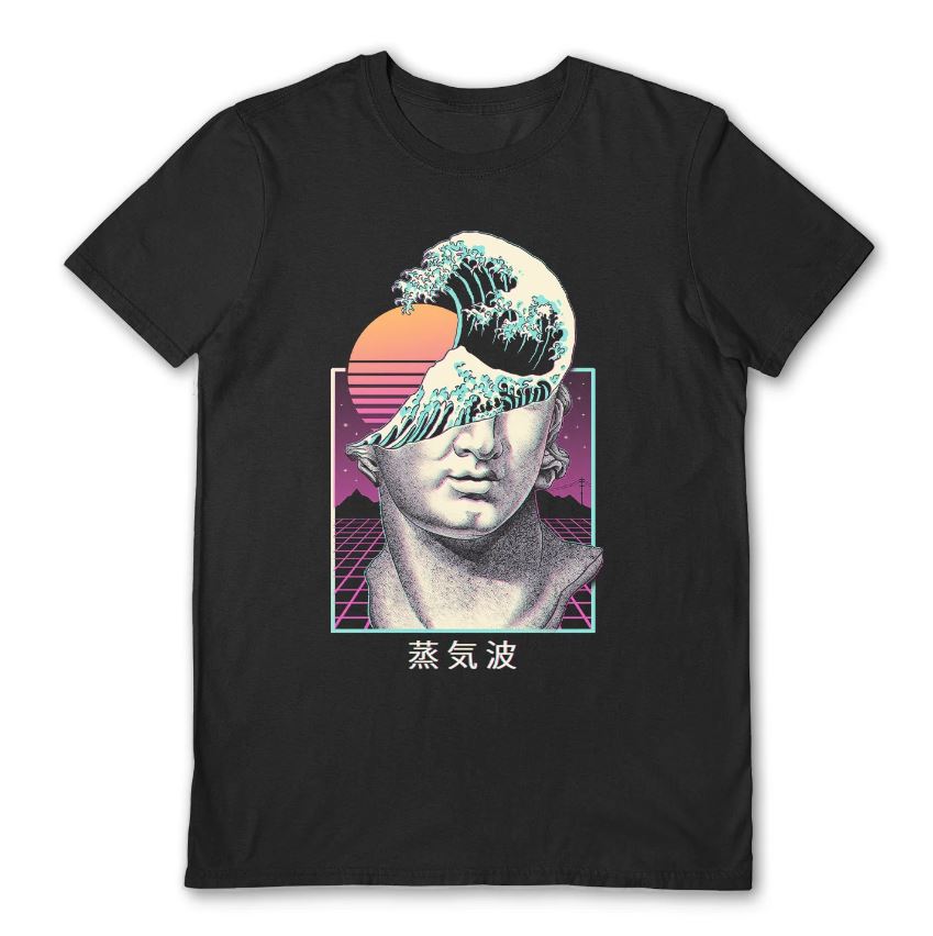 The **Great Vaporwave Black T-Shirt Small** by **Blue Dog Posters** features a surrealistic design by Vincent Trinidad. The T-shirt showcases a man's bust partially overlain with a stylized ocean wave and a red sun, set against a grid pattern background with pink and blue hues. Japanese characters are displayed beneath the image for an added touch of authenticity.