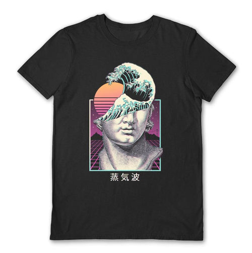 The Great Vaporwave Black T-Shirt Medium by Blue Dog Posters features a graphic design of a statue's bust intertwined with a stylized wave and set against a background with a pink sun. The wave partially covers the statue's face, and Japanese characters are printed below the design.