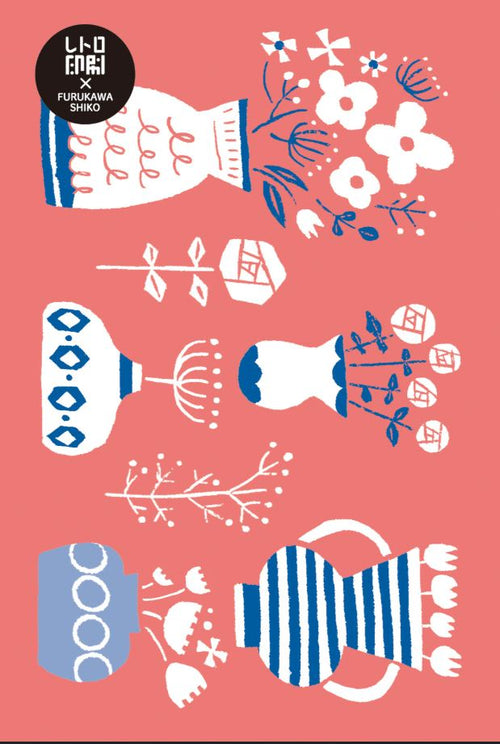 The "Vases on Pink Riso Postcard" by Blue Dog Posters features abstract blue and white vase illustrations filled with stylized flowers and branches on a pink background, with a playful black circle in the top left corner displaying white text.