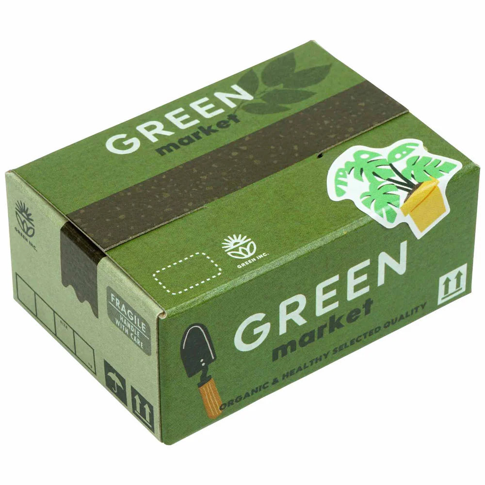 The Japanese Mini Sticker Box Green by Blue Dog Posters is a small green cardboard box with plant graphics, shipping and fragile symbols, a potted plant sticker on the top corner, and includes mini stickers with organic and healthy icons.