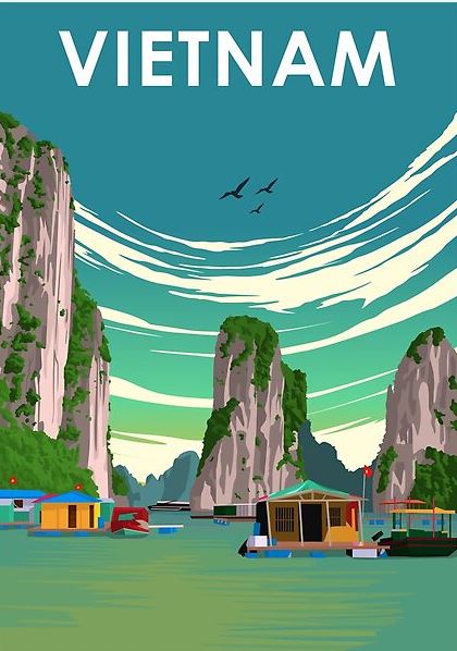 A vibrant illustration by Jorn Van Hezik, titled "Vietnam," showcases Ha Long Bay in a style reminiscent of vintage advertising art prints. Towering limestone pillars rise from emerald waters, with floating houses and boats dotting the scene. The sky is streaked with clouds, and birds fly overhead. "VIETNAM" is prominently displayed at the top—perfect for any travel prints collection by TAP.