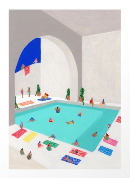 A colorful illustration from the Gallery Series depicts an indoor swimming pool surrounded by people in swimsuits. Sunbathers relax on colorful towels around the pool, with vivid red, green, and blue hues. The arched pool area is partially open, revealing a bright blue sky outside—an exquisite Art Print titled "Vineyard Villa" by Helo Birdie and offered by GAP.