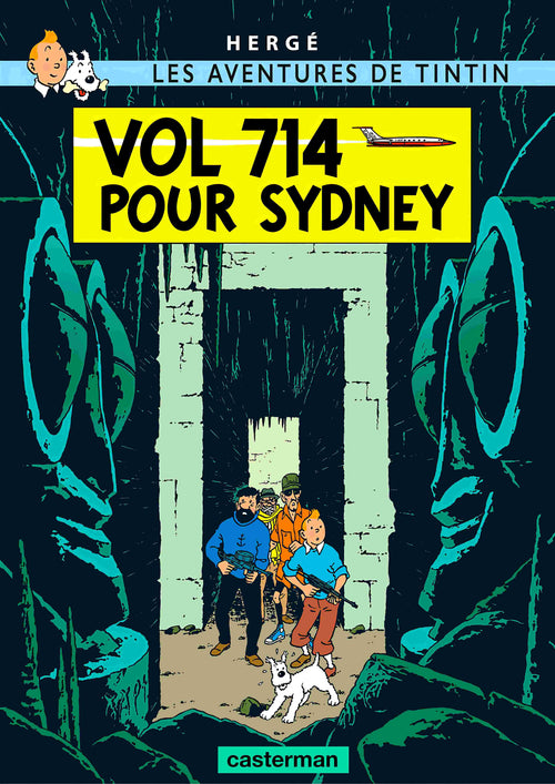 This A3 poster by Blue Dog Posters features "Aventures de Tintin Vol 714 de Sydney" with Tintin, Captain Haddock, Professor Calculus, and Snowy exploring a stone corridor lined with large statues. Printed on quality satin paper.