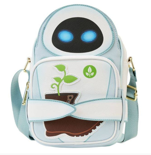 Introducing the Wall-E Date Night Crossbuddy Backpack by Blue Dog Posters—a stylish white and light blue vegan leather crossbody featuring a graphic of a robot's face with blue eyes and a plant growing out of a shoe. This bag includes a front pocket showcasing the plant design, a zipper closure, and an adjustable strap.