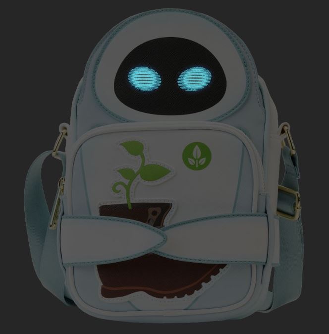 The Wall-E Date Night Crossbuddy Backpack from Blue Dog Posters is a light blue Loungefly Pixar WALL-E bag, featuring a design that resembles a robot face with glowing blue eyes at the top. Below the face, there's an image of a boot with a green plant sprouting from it and a leaf symbol beside it. This Disney-Pixar merchandise backpack comes with adjustable straps and buckles.