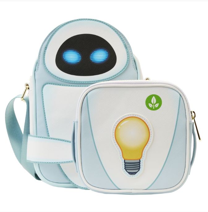 Introducing the Wall-E Date Night Crossbuddy Backpack by Blue Dog Posters! This light blue and white backpack showcases a character with glowing blue eyes. It features a smaller front pouch decorated with an illustration of a lightbulb and a small green leaf icon, inspired by WALL-E. This Disney-Pixar merchandise seamlessly combines charm and practicality, making it an ideal addition to any fan's collection.