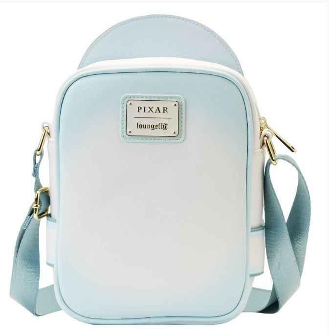 A small, light blue and white crossbody bag crafted from vegan leather with a metallic nameplate reading "Blue Dog Posters" on the front. This Wall-E Date Night Crossbody Backpack features a zippered closure, an adjustable strap, and gold hardware.