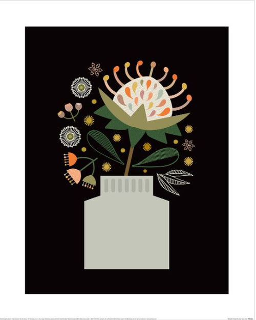 The Lyndy Hants (Waratah in Vase) by GAL251 features a whimsical abstract floral design with a stylized bouquet in a gray vase on black. The main flower, with orange and white petals, is complemented by smaller blooms and leaves. Part of the Decor Series Collection, printed on premium quality matte art paper.