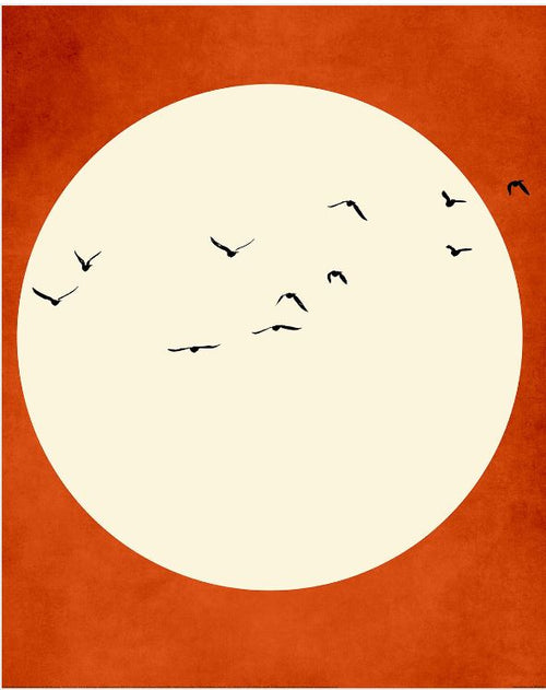 The Kubistika (Warming Feelings) print by GAL222 showcases a large white circle on an orange backdrop, featuring bird silhouettes in various directions. Crafted on matte art paper, it's ideal for enhancing any decor series.