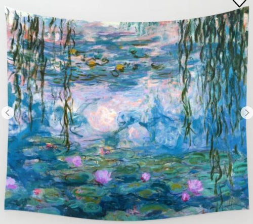 The Water Lilies Monet Art Textile Sml by Blue Dog Posters is a vibrant tapestry ideal for wall decor, featuring a serene water scene inspired by Monet. It beautifully displays lily pads, pink flowers, and willow branches with reflections created in soft, swirling hues of pink, blue, and green.